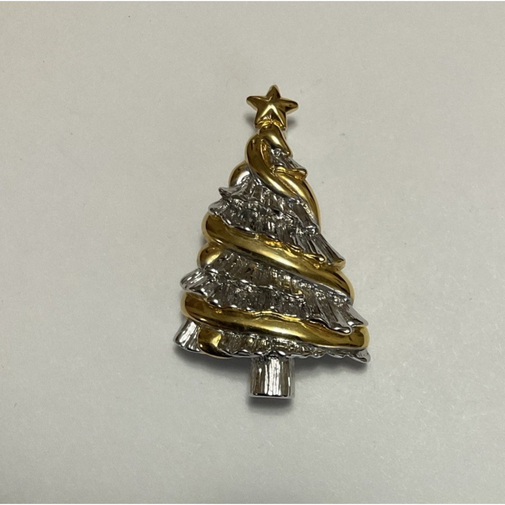 Christmas Tree With Star Topper Silver & Gold Tone Holiday Brooch Lapel Pin